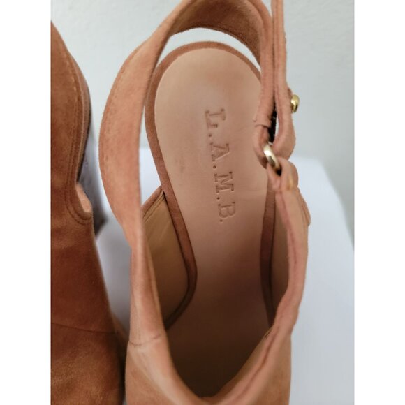 L.A.M.B. Womens Tan Suede Slingback Peep Toe Platform Wedge Heels Size 6.5M - Picture 6 of 13
